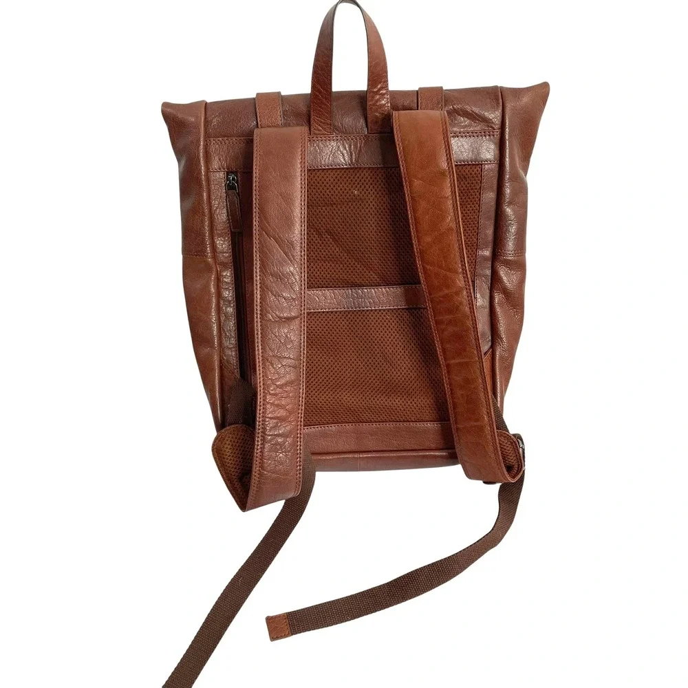 Genicci Unisex Genuine Leather Roll Top Double Buckles‎ laptop backpack brown